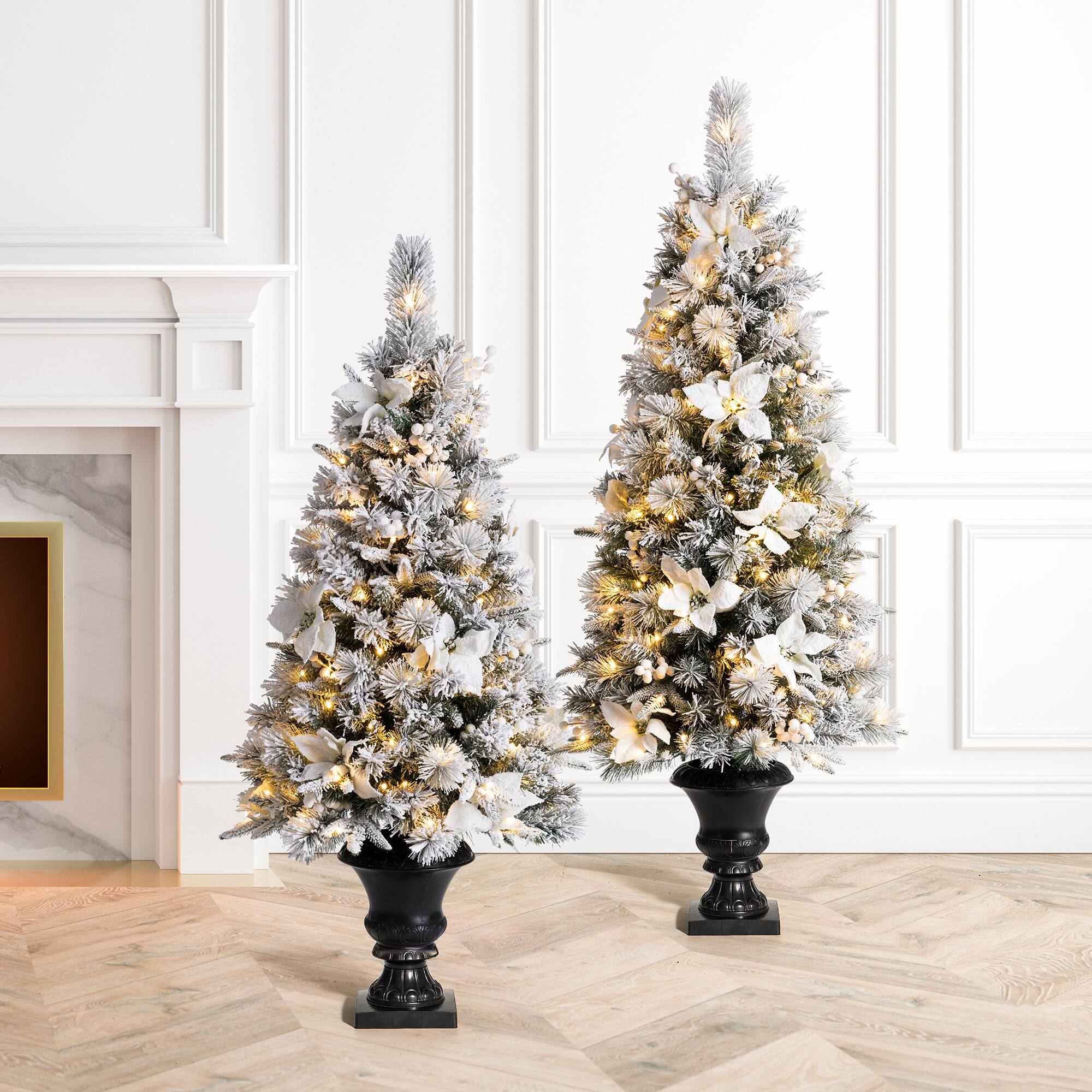 5ft. Pre-Lit Flocked Pine Artificial Christmas Tree in Planter Set, Warm White LED Lights
